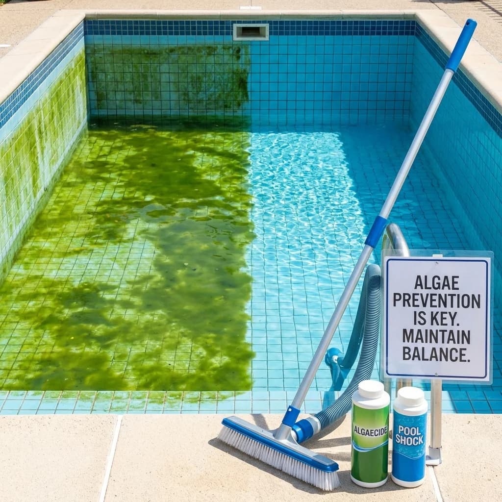 Pool algae prevention comparison showing clean vs algae-affected water