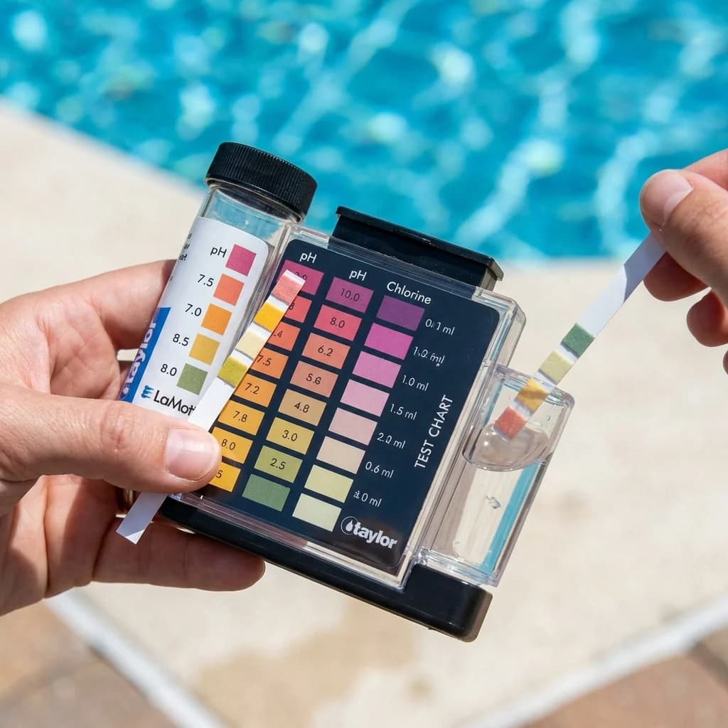 Pool water testing kit with pH and chlorine test strips