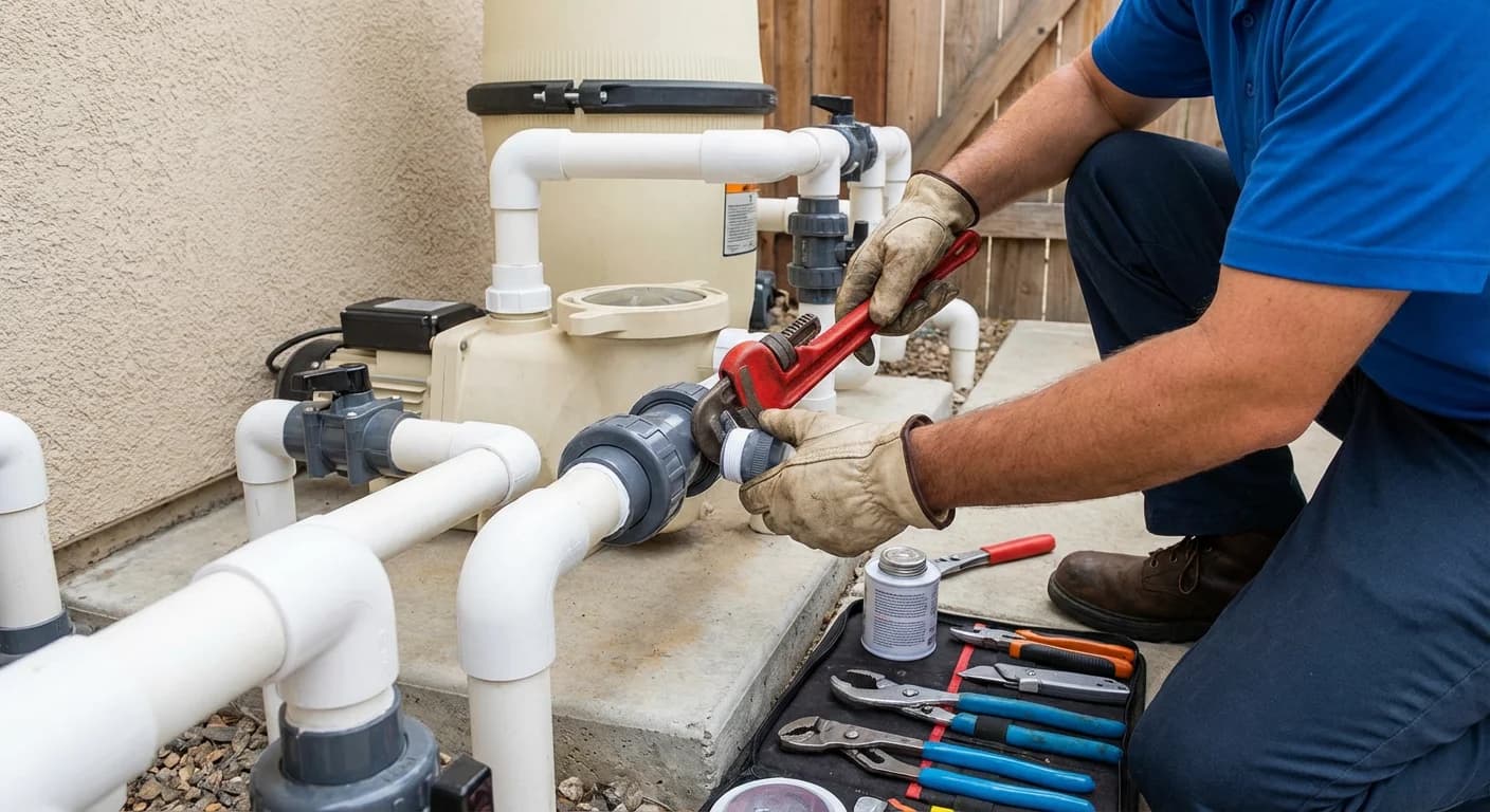 Pool plumbing fitting replacement at the equipment pad