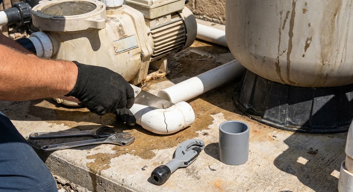 Pool fitting replacement - cutting out a cracked PVC fitting at equipment pad