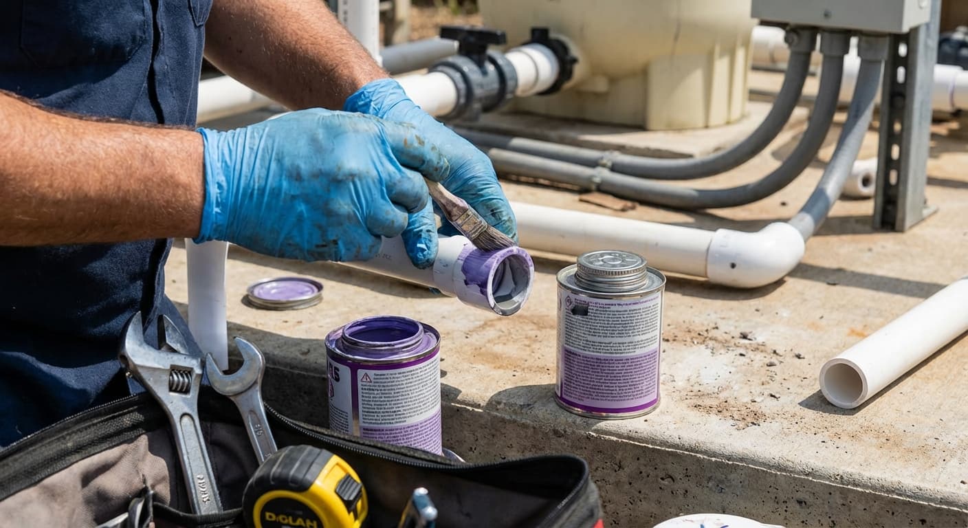 Pool fitting replacement - installing a new fitting with primer and cement