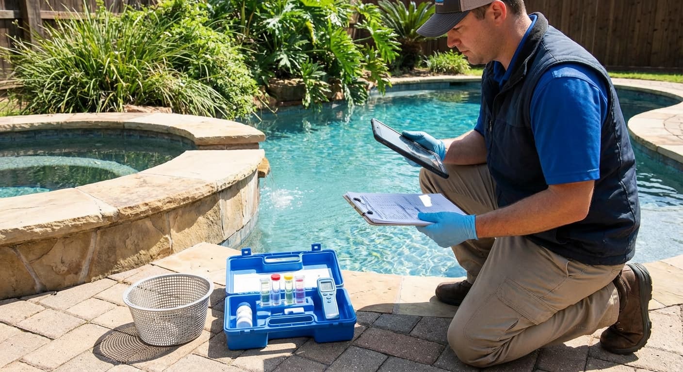 Pool inspection - technician performing a pool and spa inspection on the deck
