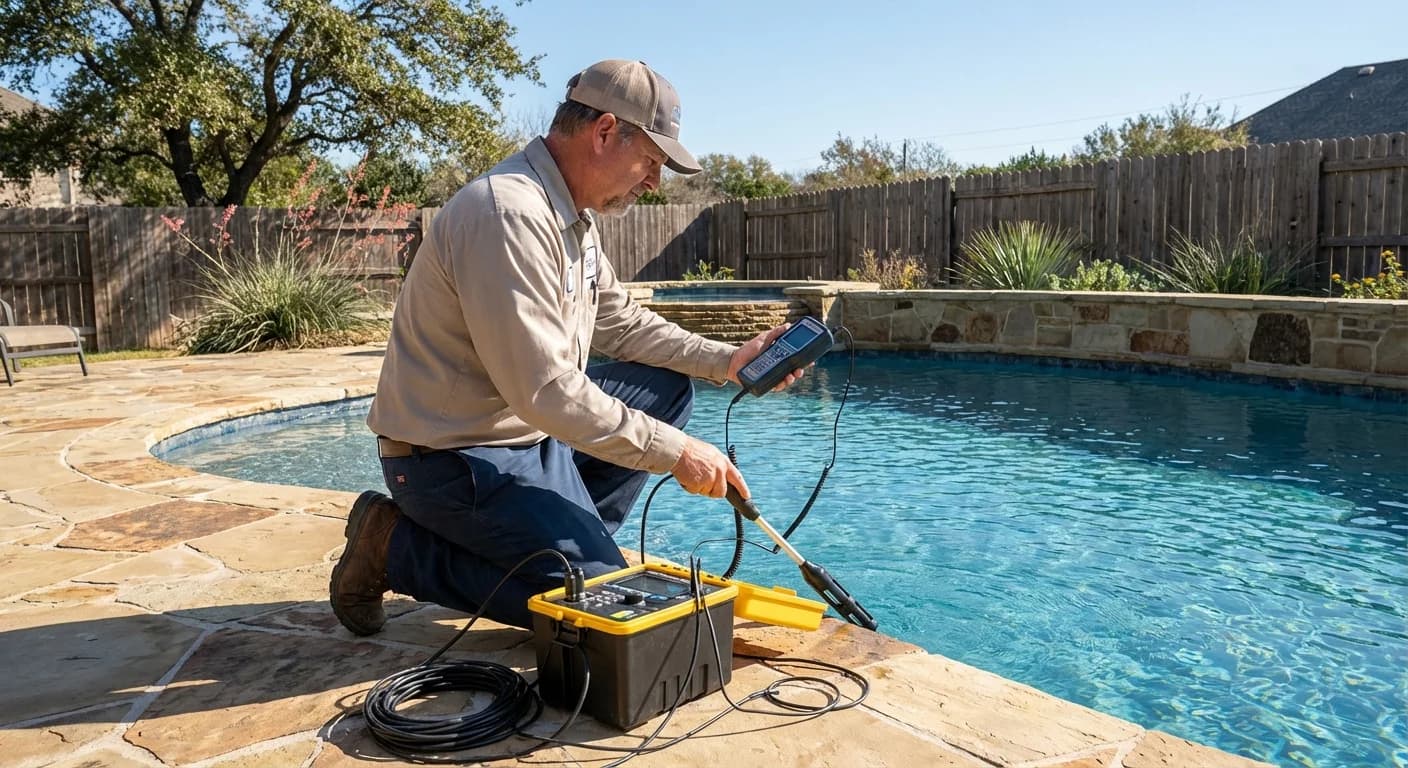 Pool technician performing an inspection and troubleshooting test