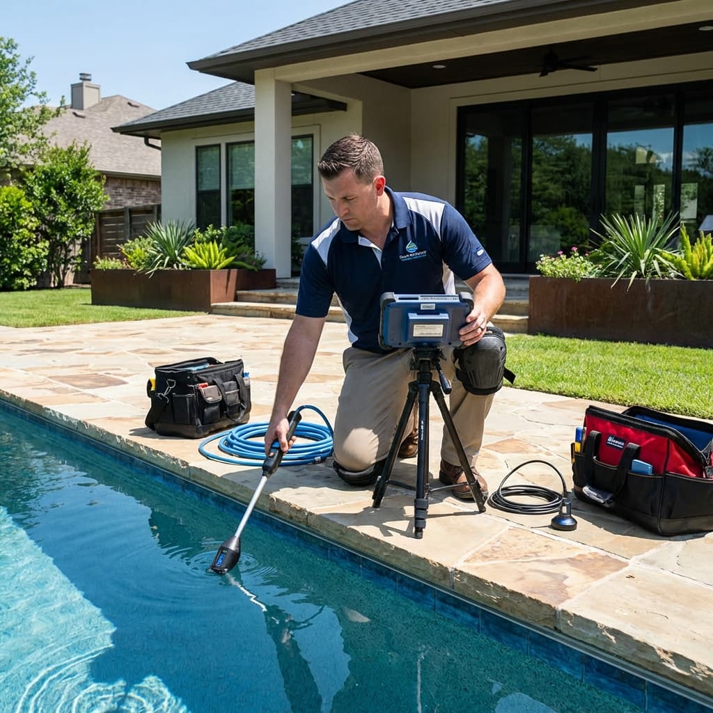 Professional pool leak detection equipment finding a leak underground