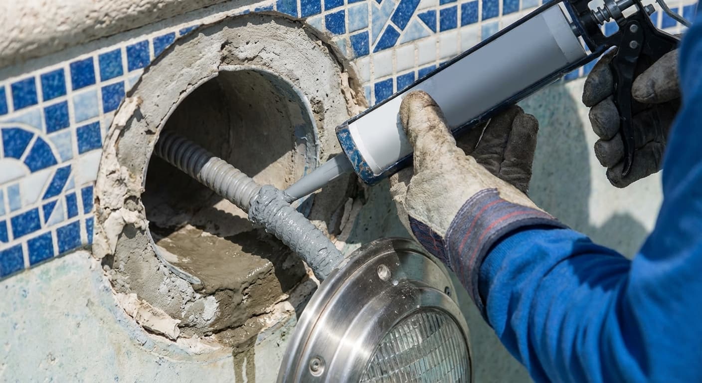 Pool light conduit seal - applying waterproof sealant at the niche