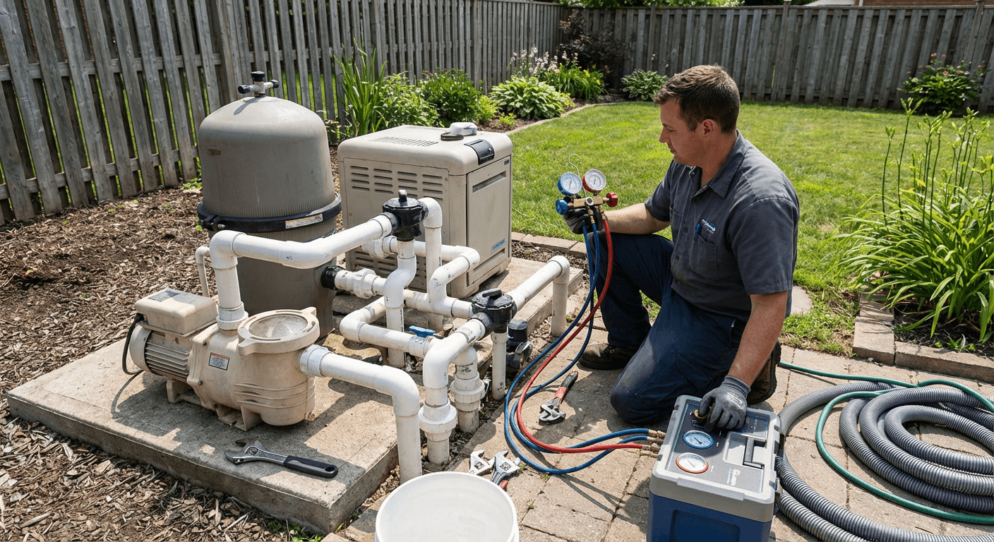 Pool repair diagnostics - pressure testing setup at the equipment pad
