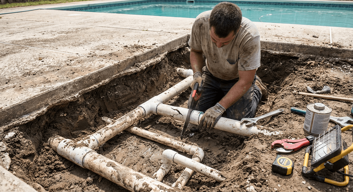 Pool plumbing repair - exposed line replacement in a small trench