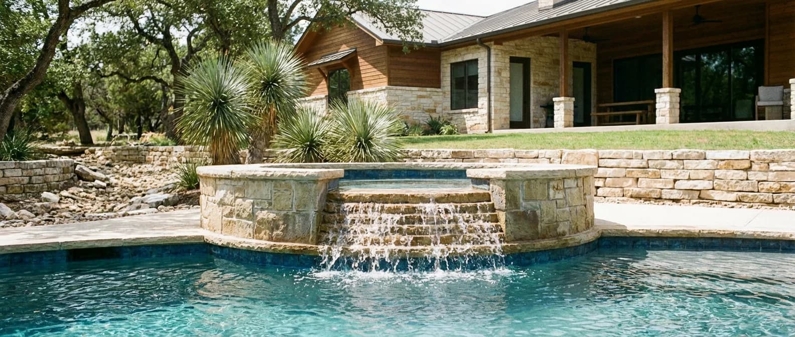 Raised spa spillway flowing into a swimming pool