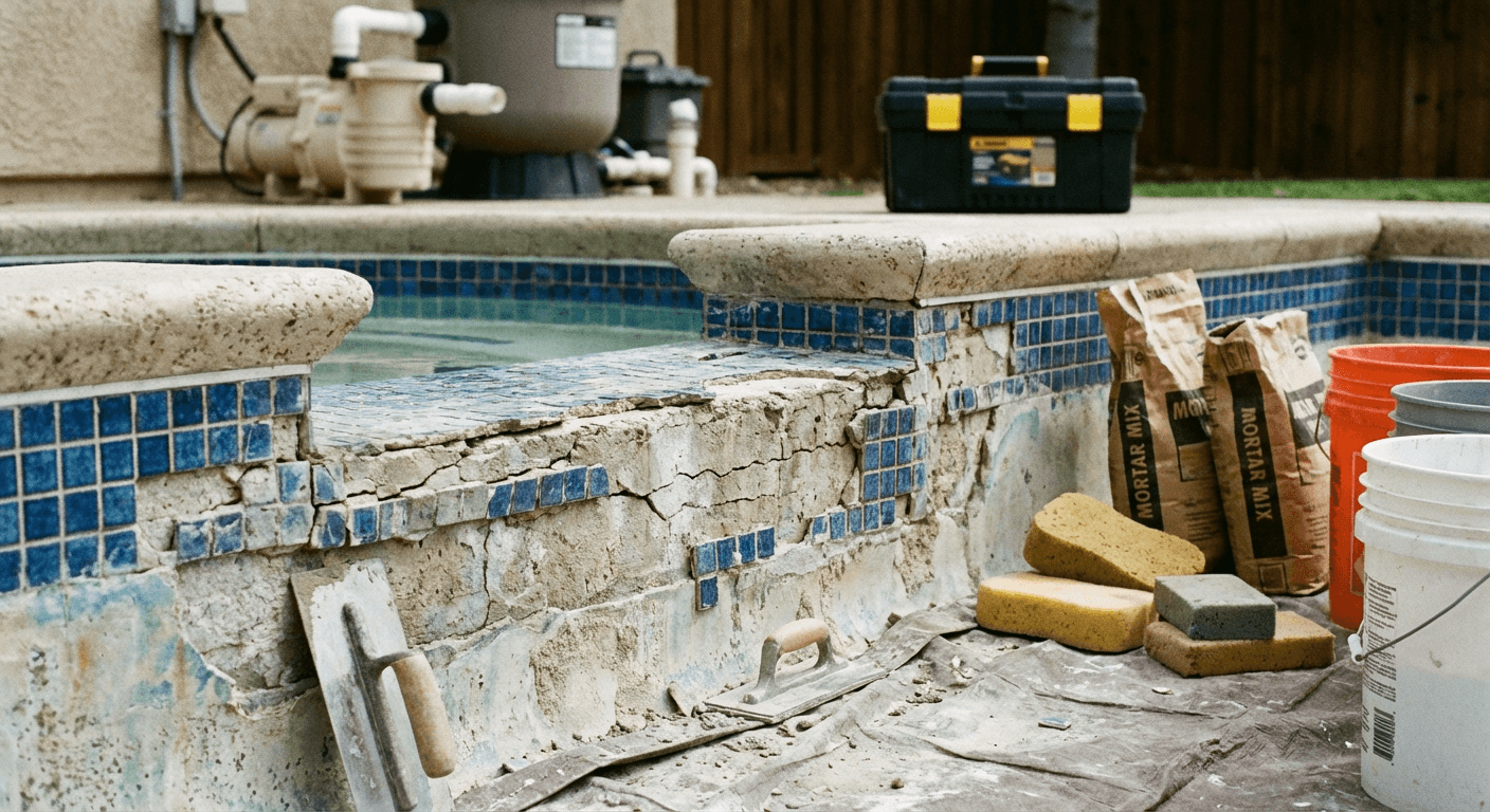 Spa spillway repair - cracked grout and loose tile at spillway