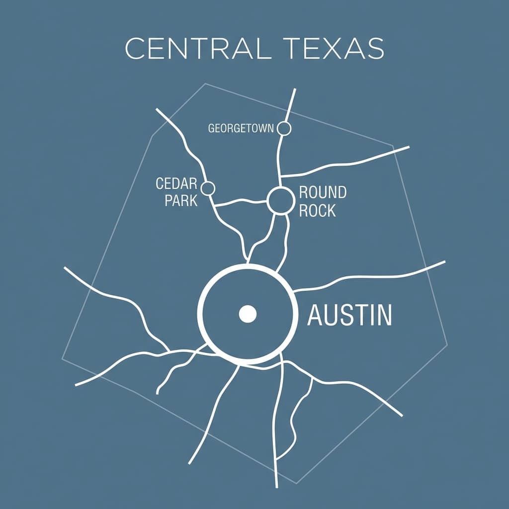 Service area map for Centex Pool Repair covering Austin, Round Rock, Georgetown, and surrounding Central Texas cities