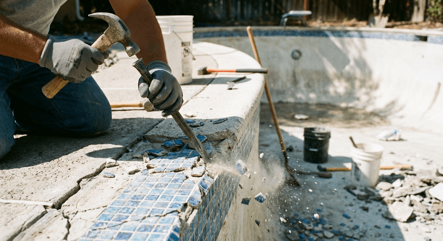 Pool tile replacement - removing broken tile at waterline