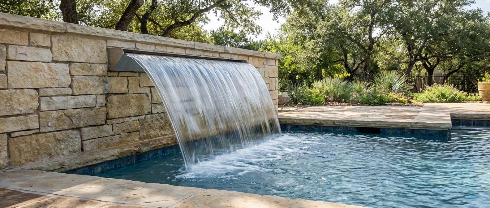Pool waterfall feature with clean, even flow