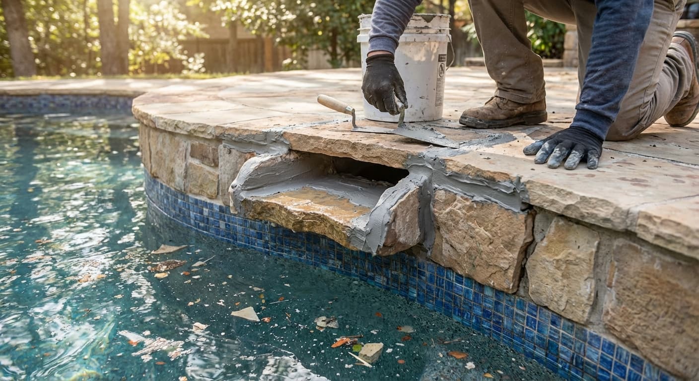 Pool waterfall repair - resealing the scupper and spillway area