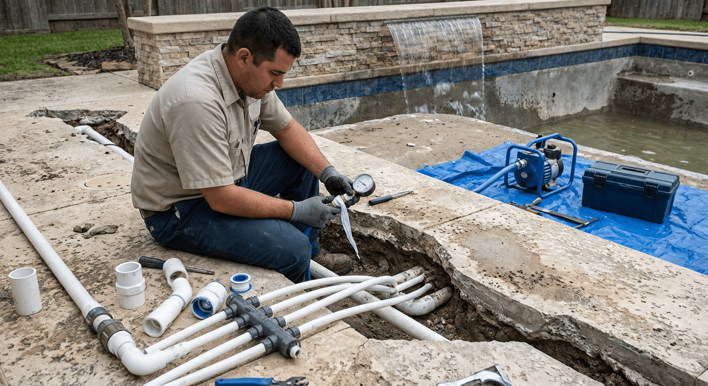 Pool waterfall repair - plumbing reconnection and pressure testing
