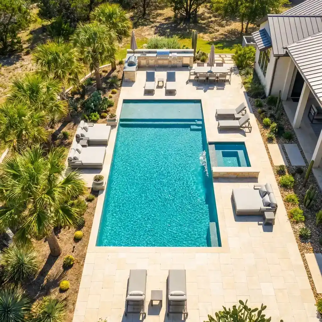 Luxury backyard swimming pool with crystal clear blue water in Central Texas
